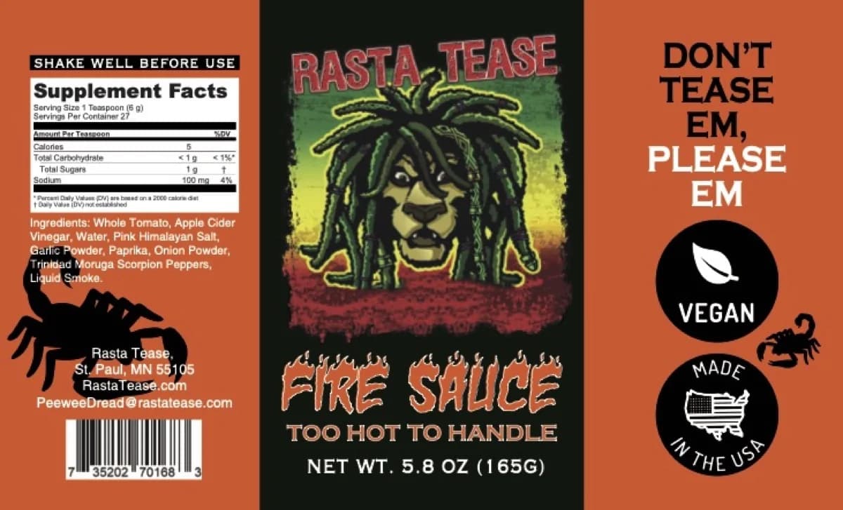 Rasta Tease Fire Sauce — bottle label